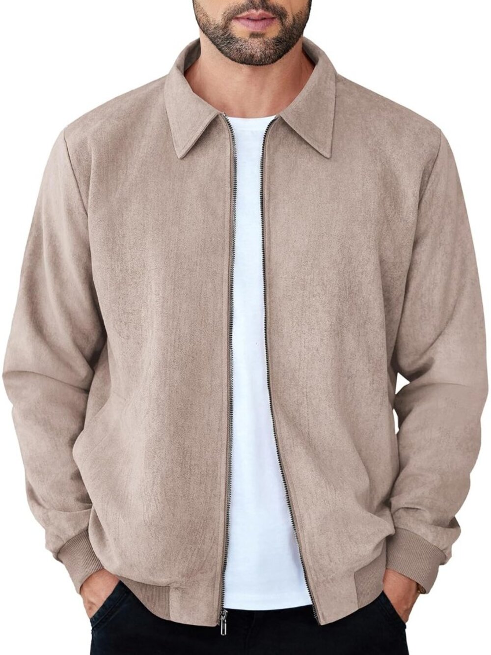 Men's Moon Grey Faux Suede Full Zip Lightweight Casual Imported Bomber Jacket